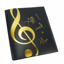 Fekete mappa, arany színű "All I need is Music" felirattal és violinkulccsal, 20 db lefűzött irattartóval